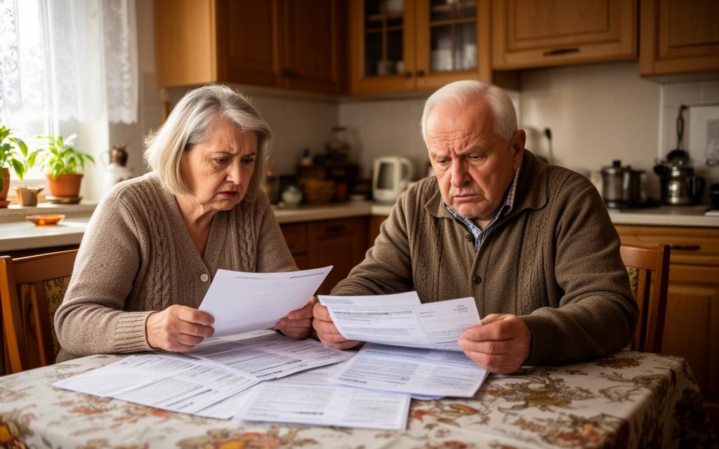 Polskie małżeństwo seniorów przegląda rachunki za prąd przy kuchennym stole