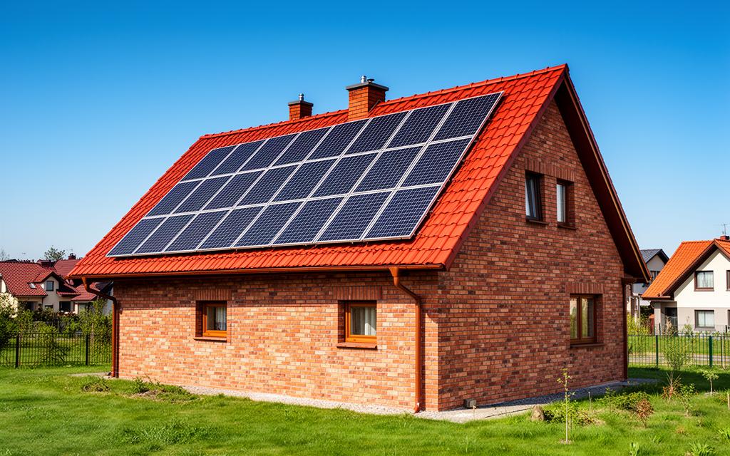Panele słoneczne zainstalowane na tradycyjnym polskim domu z czerwonym dachem